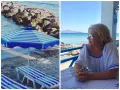 Słońce, plaża i błękitne morze – idealne wakacje na Kos w Grecji. Kobieta w okularach przeciwsłonecznych relaksuje się przy stoliku z widokiem na wybrzeże.
