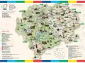 Mapa pokazuje, gdzie są Kaszuby, z zaznaczonymi szlakami rowerowymi, kajakowymi i pieszymi w powiecie kościerskim.
