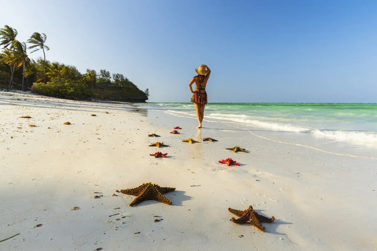 Kobieta w kapeluszu spaceruje po plaży, a ścieżka z rozgwiazd prowadzi do turkusowego morza. Rajskie all inclusive light.