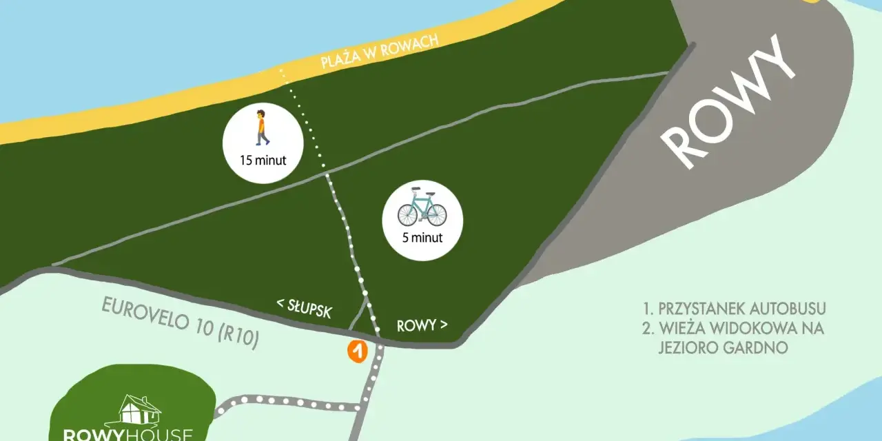 Mapa atrakcji w Rowach: plaża, jezioro Gardno, wieża widokowa, przystanek autobusowy. Rowy co warto zobaczyć to idealne miejsce na wypoczynek.
