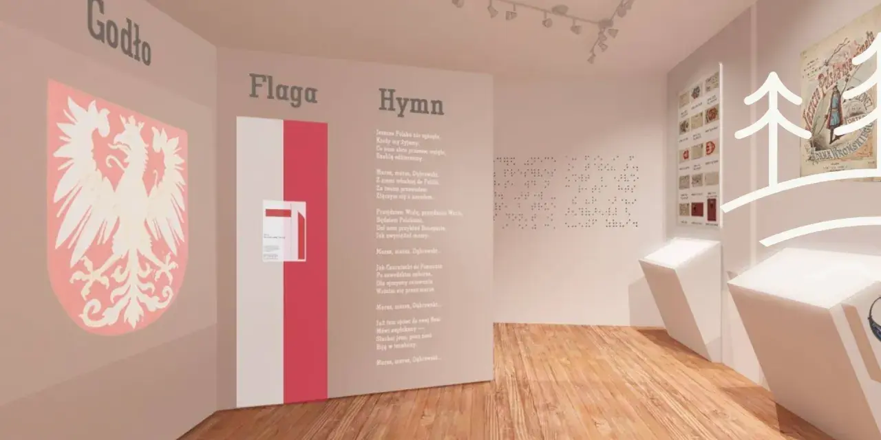 Wystawa o symbolach narodowych, gdzie znajduje się muzeum hymnu narodowego. Widzimy godło, flagę i tekst pieśni.