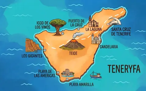 Mapa Teneryfy z zaznaczonymi atrakcjami: wulkan Teide, Los Gigantes, Playa de las Américas. Idealne miejsce na wczasy na Teneryfie!