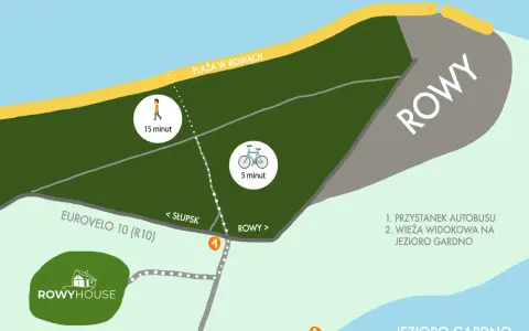 Mapa atrakcji w Rowach: plaża, jezioro Gardno, wieża widokowa, przystanek autobusowy. Rowy co warto zobaczyć to idealne miejsce na wypoczynek.