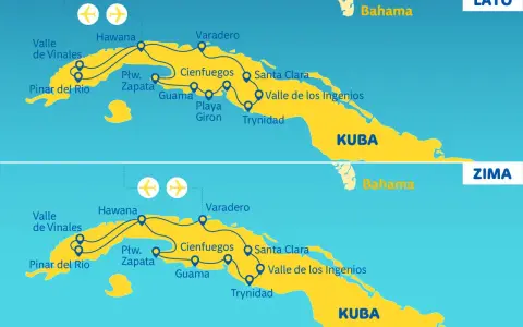 Mapa Kuby z zaznaczonymi trasami podróży latem i zimą. Gdzie jest Kuba? Na mapie widać Hawanę, Varadero, Pinar del Rio i inne miejsca.