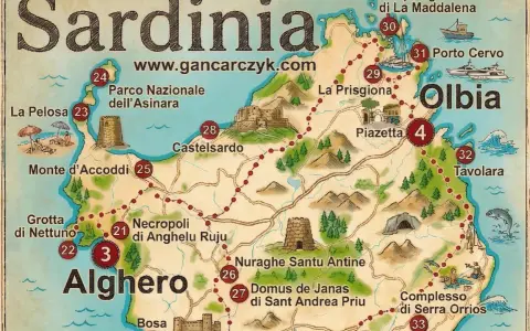 Mapa turystyczna Sardynii pokazuje, gdzie jest ta piękna wyspa, z zaznaczonymi atrakcjami jak Alghero, Olbia i plaże.