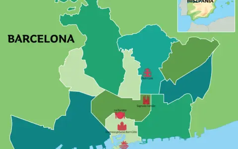 Mapa Barcelony z zaznaczonymi atrakcjami: Park Güell, Sagrada Familia, La Rambla, Dzielnica gotycka Barri Gòtic, promenada. Gdzie jest Barcelona? W Hiszpanii.