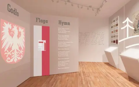 Wystawa o symbolach narodowych, gdzie znajduje się muzeum hymnu narodowego. Widzimy godło, flagę i tekst pieśni.