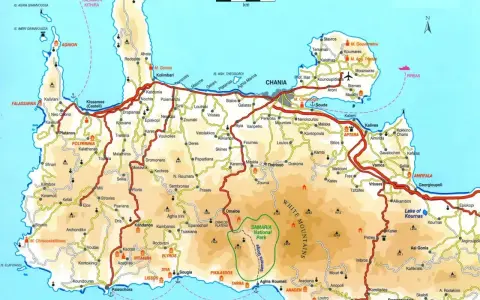 Szczegółowa mapa Krety z zaznaczonymi drogami, miastami i Parkiem Narodowym Samaria.