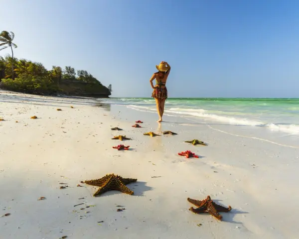 Kobieta w kapeluszu spaceruje po plaży, a ścieżka z rozgwiazd prowadzi do turkusowego morza. Rajskie all inclusive light.