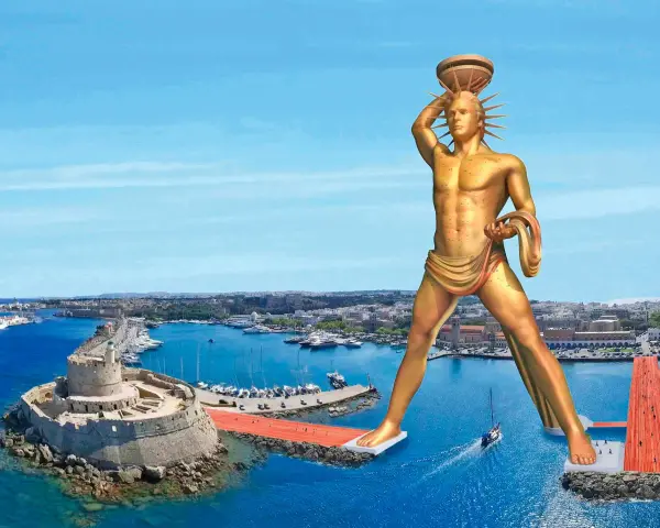 Kolos z Rodos, złoty gigant, stoi nad portem z twierdzą i statkami. Wyobrażenie starożytnego cudu.