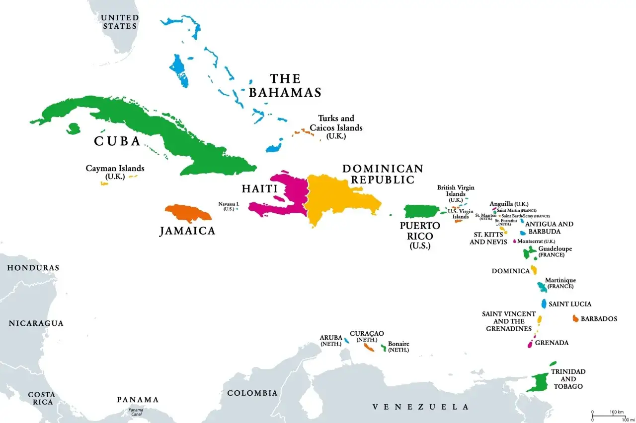 Mapa Karaibów z zaznaczonymi wyspami, idealna do planowania karaiby wakacje. Zobaczysz Kubę, Bahamy, Jamajkę i wiele innych.