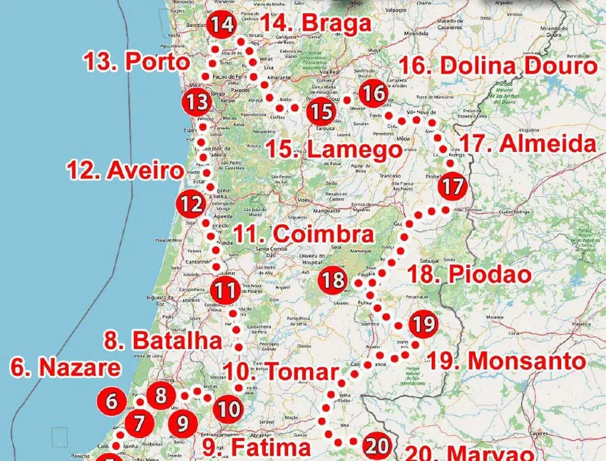 Największe miasta w Portugalii: Porto, Braga, Coimbra, Aveiro, Lamego, Viseu, Guarda, Castelo Branco, Faro, Setúbal, Lizbona, Funchal, Ponta Delgada.