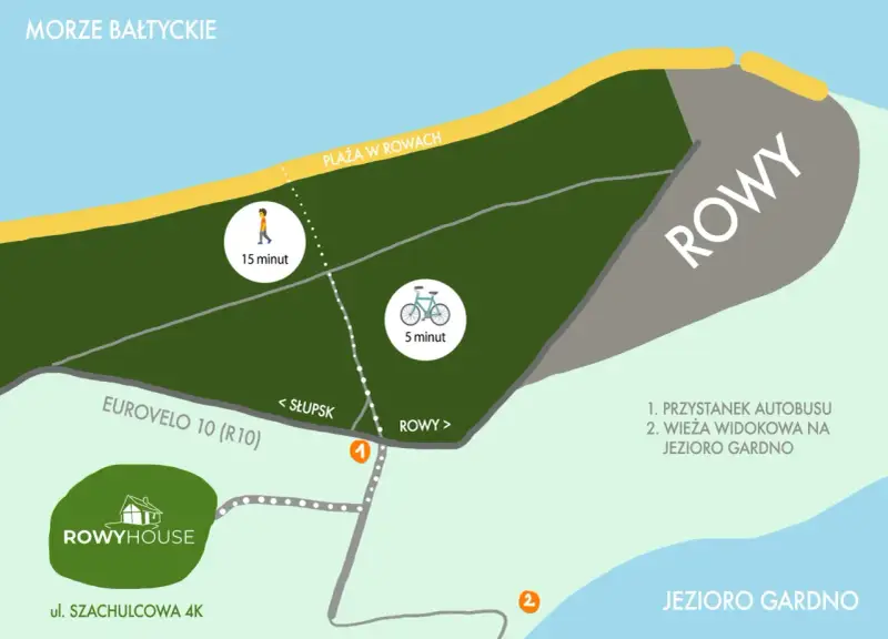 Mapa atrakcji w Rowach: plaża, jezioro Gardno, wieża widokowa, przystanek autobusowy. Rowy co warto zobaczyć to idealne miejsce na wypoczynek.